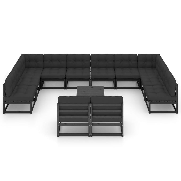 13-delige Loungeset met kussens massief grenenhout zwart