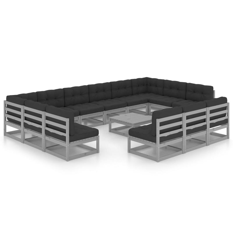 14-delige Loungeset met kussens massief grenenhout grijs