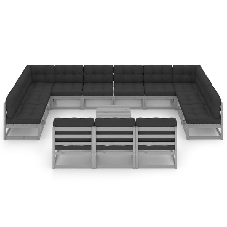 14-delige Loungeset met kussens massief grenenhout grijs