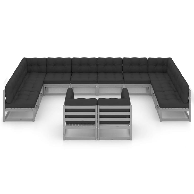 12-delige Loungeset met kussens massief grenenhout grijs