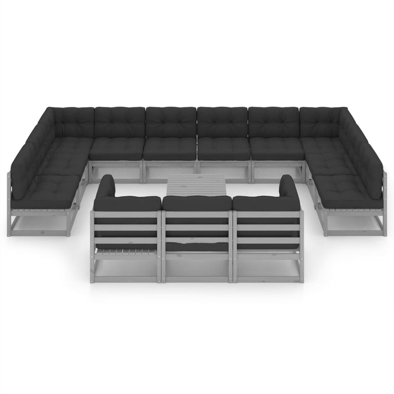 14-delige Loungeset met kussens massief grenenhout grijs