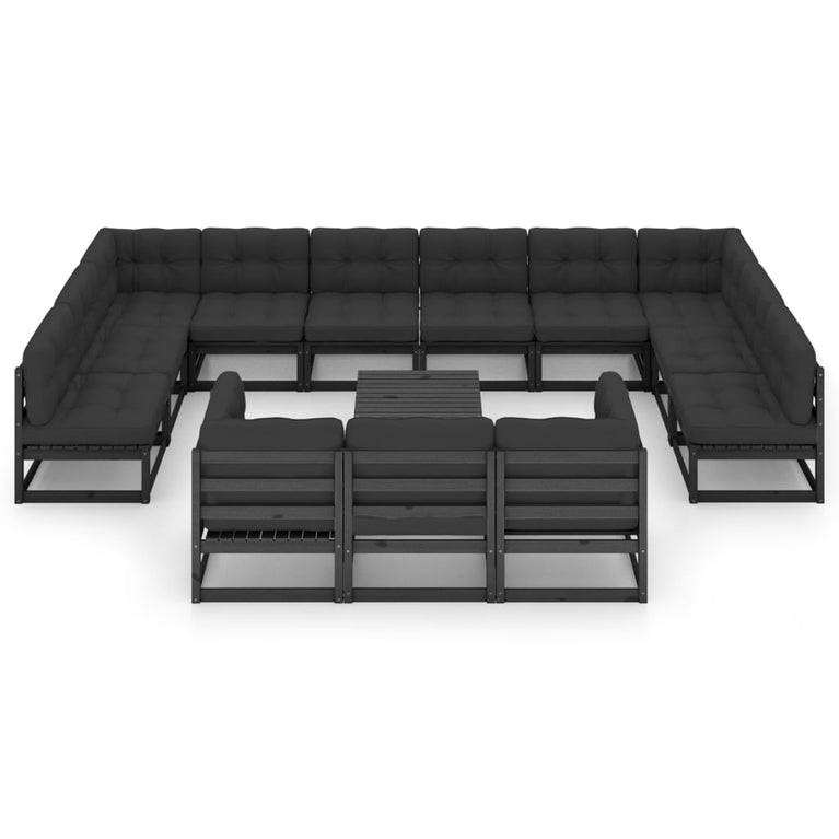 14-delige Loungeset met kussens massief grenenhout zwart
