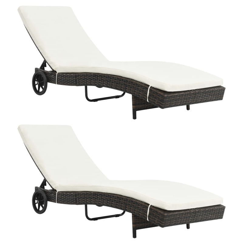 Ligbedden 2 st met wielen en kussens poly rattan bruin MeubelReus