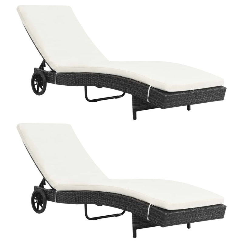 Ligbedden 2 st met wielen en kussens poly rattan zwart MeubelReus