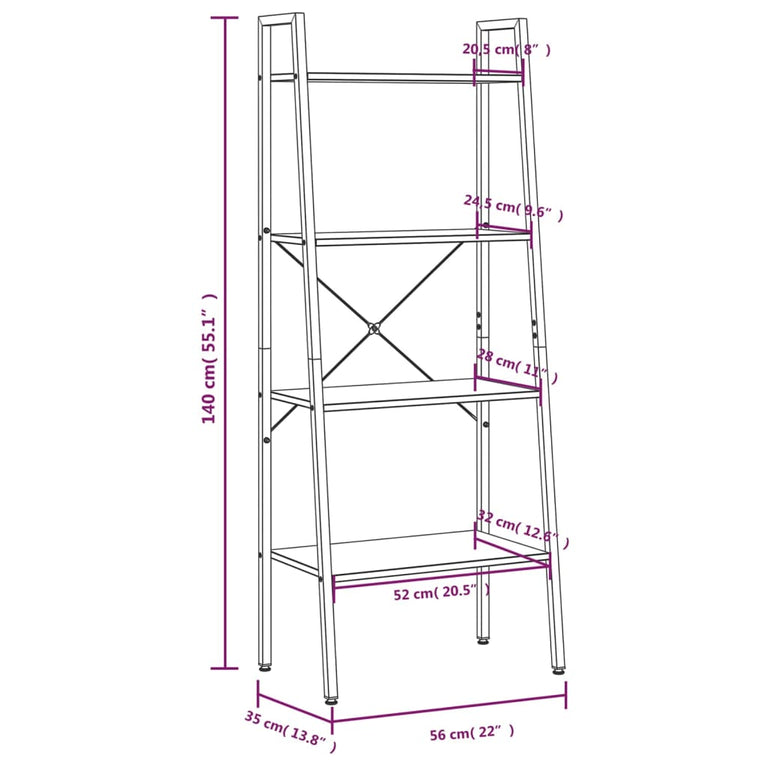 Ladderrek met 4 schappen 56x35x140 cm lichtbruin en zwart MeubelReus