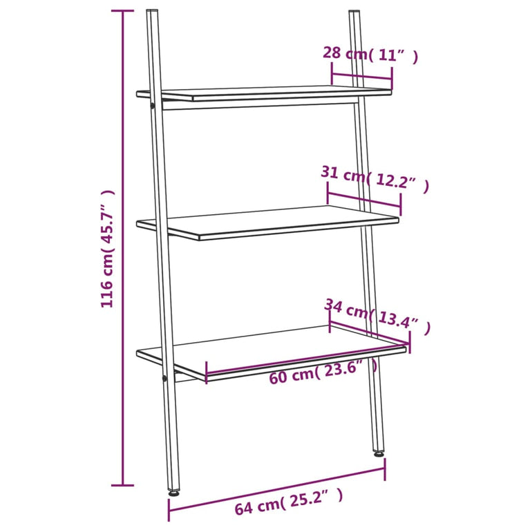 Ladderrek met 3 schappen 64x34x116 cm donkerbruin en zwart MeubelReus
