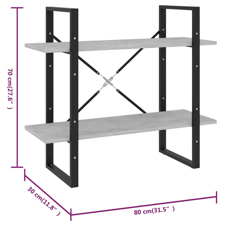 Boekenkast met 2 schappen 80x30x70 cm spaanplaat betongrijs MeubelReus
