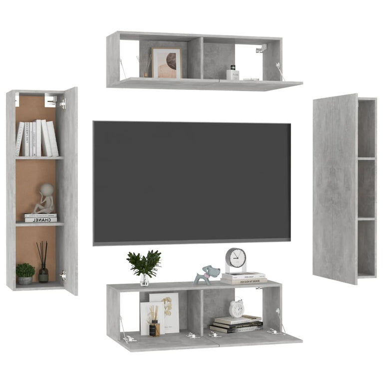 4-delige Tv-meubelset spaanplaat betongrijs MeubelReus