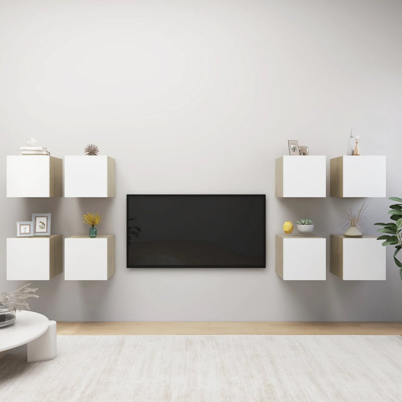 Tv-wandmeubelen 8 st 30,5x30x30 cm wit en sonoma eikenkleurig