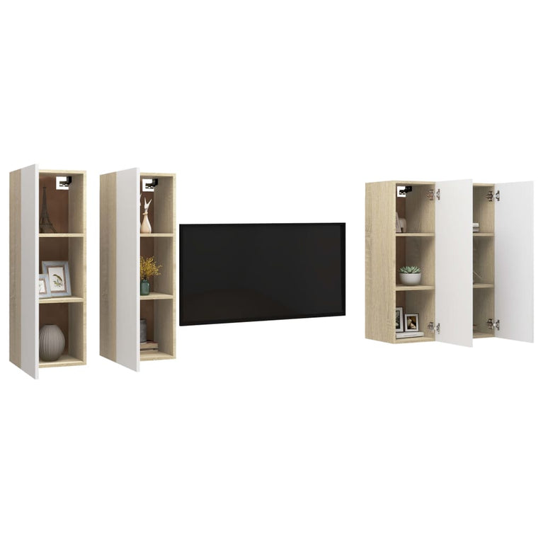 Tv-meubelen 4 st 30,5x30x90 cm spaanplaat wit sonoma eikenkleur