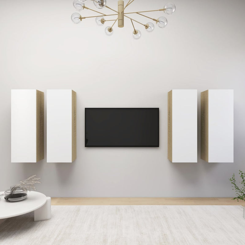 Tv-meubelen 4 st 30,5x30x90 cm spaanplaat wit sonoma eikenkleur
