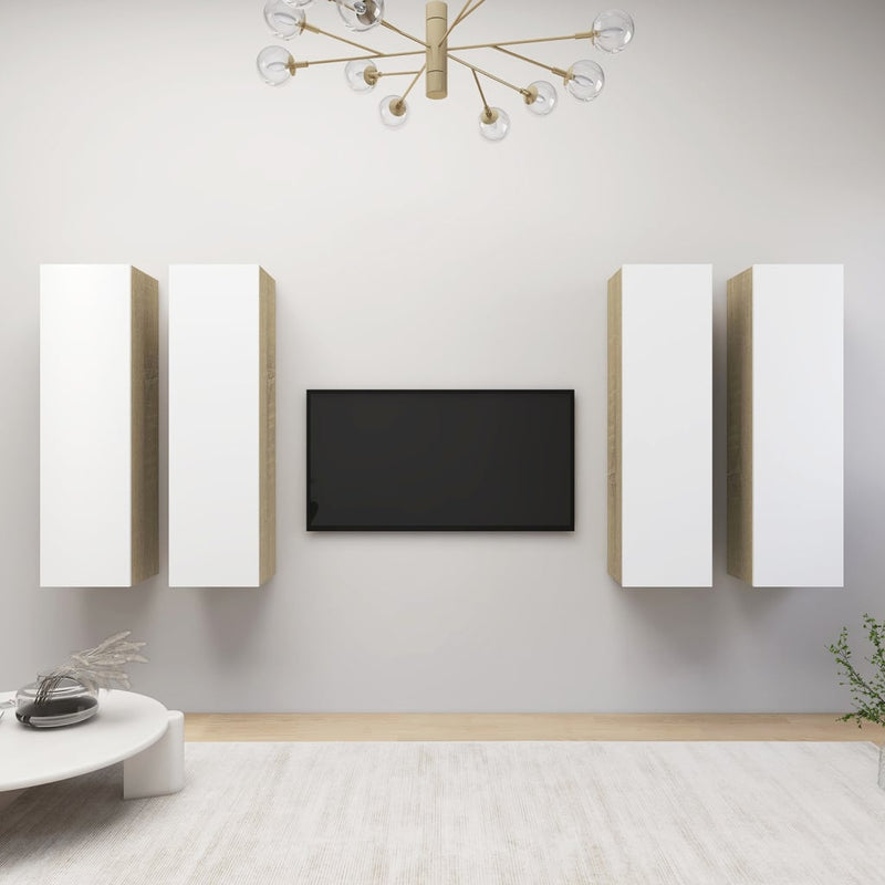 Tv-meubelen 4 st 30,5x30x110cm spaanplaat wit sonoma eikenkleur