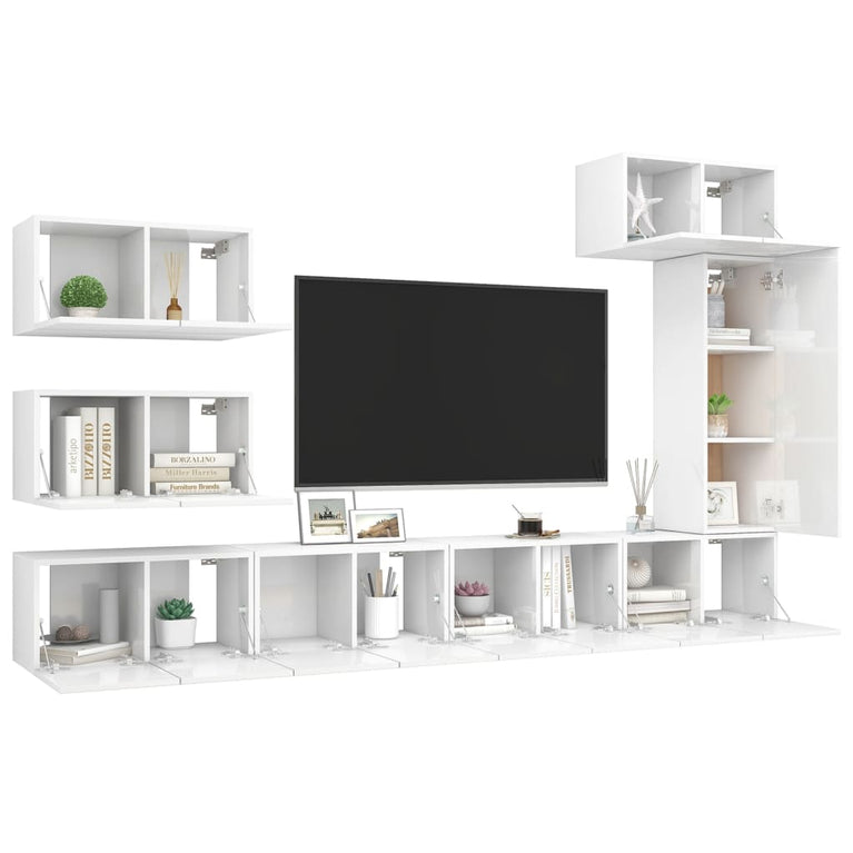 8-delige Tv-meubelset spaanplaat hoogglans wit