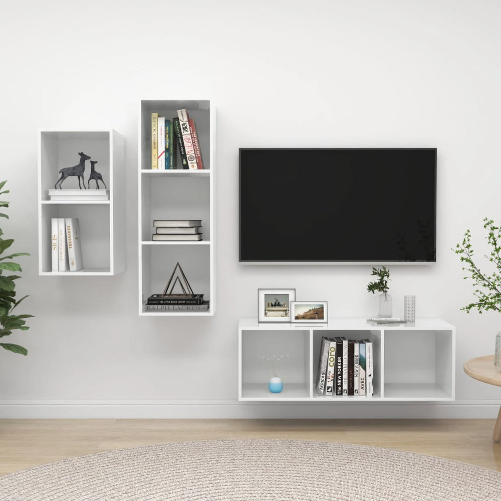 3-delige Tv-meubelset spaanplaat hoogglans wit MeubelReus