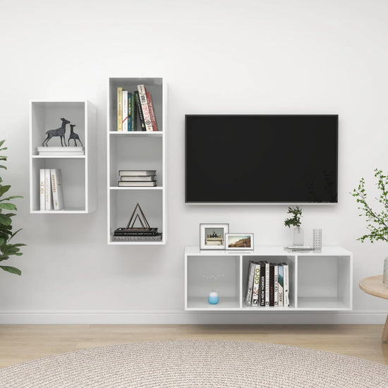 3-delige Tv-meubelset spaanplaat hoogglans wit MeubelReus