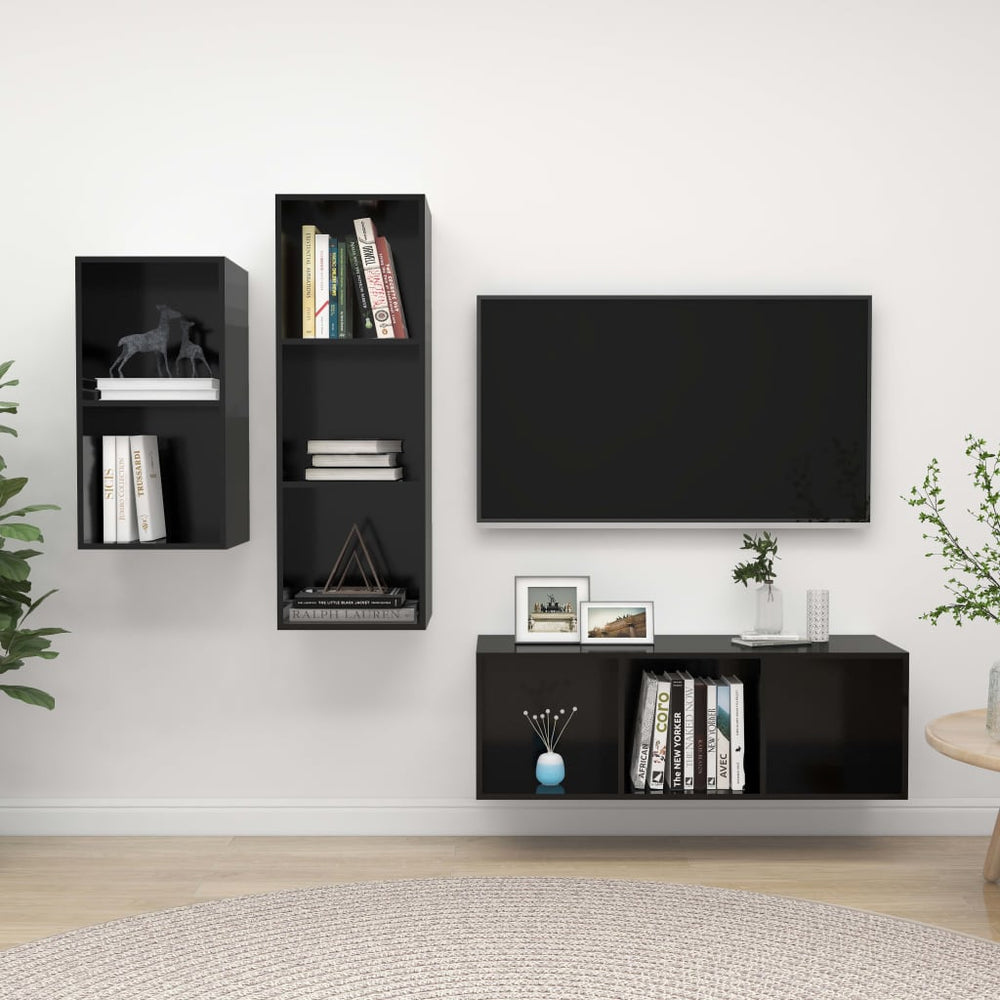 3-delige Tv-meubelset bewerkt hout hoogglans zwart MeubelReus
