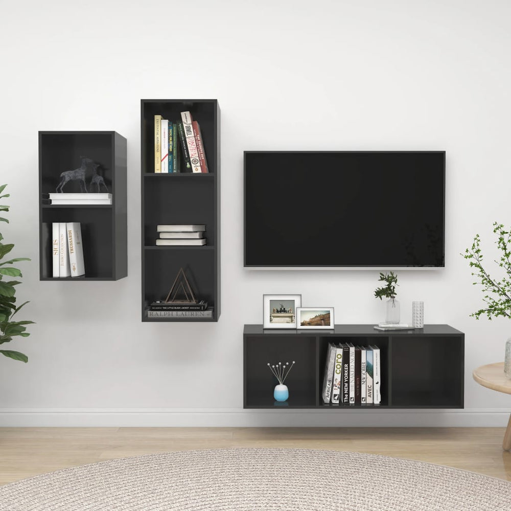 3-delige Tv-meubelset spaanplaat hoogglans grijs MeubelReus