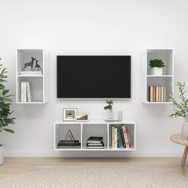 3-delige Tv-meubelset spaanplaat hoogglans wit MeubelReus