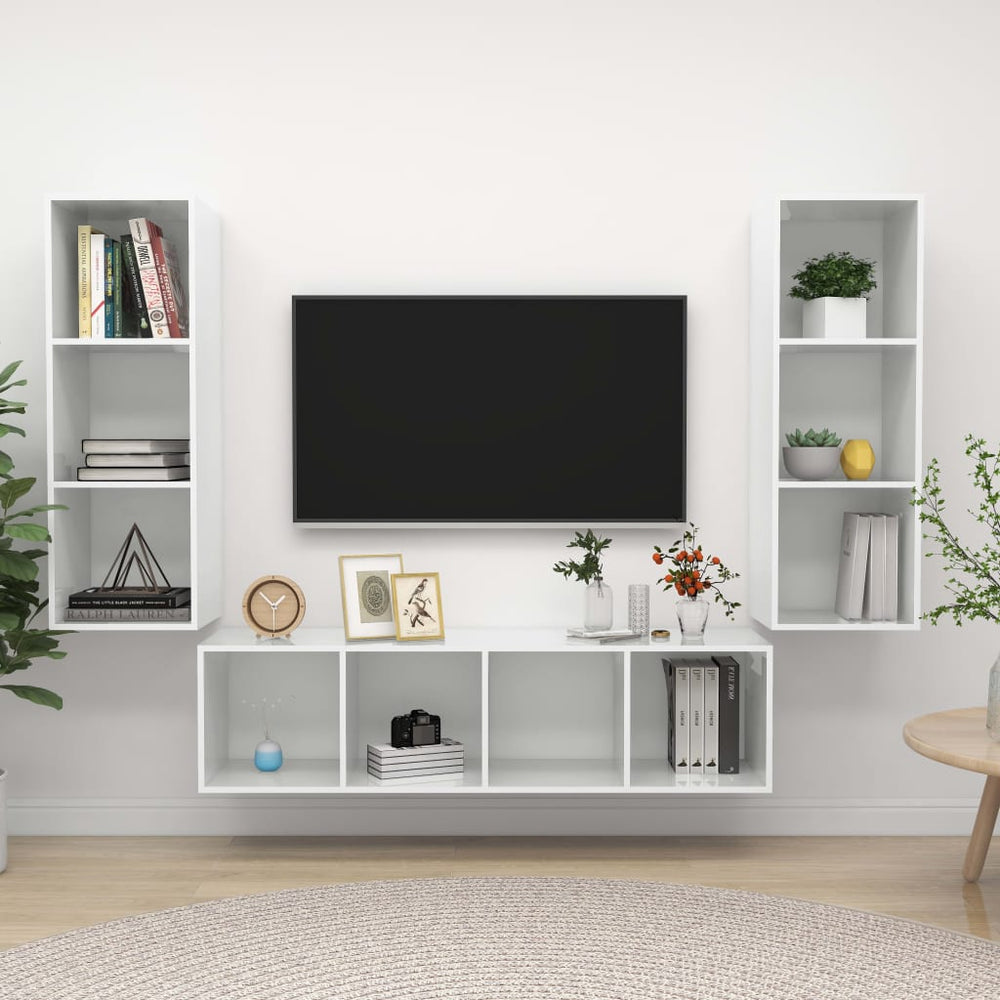 3-delige Tv-meubelset spaanplaat hoogglans wit MeubelReus