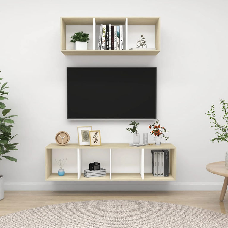 2-delige Tv-meubelset spaanplaat wit en sonoma eikenkleurig MeubelReus
