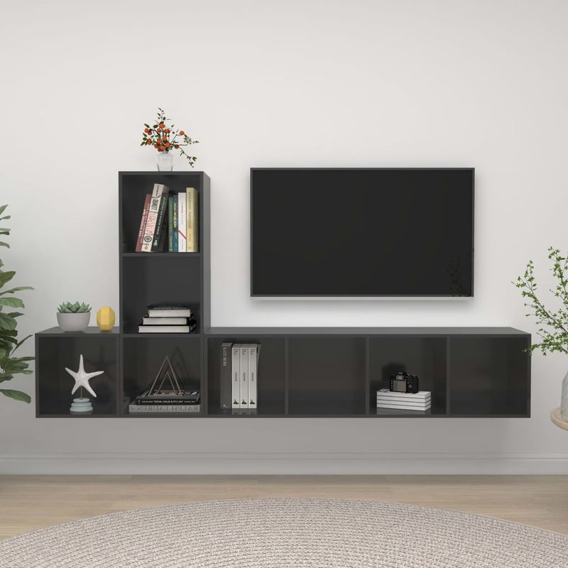 3-delige Tv-meubelset spaanplaat hoogglans grijs MeubelReus
