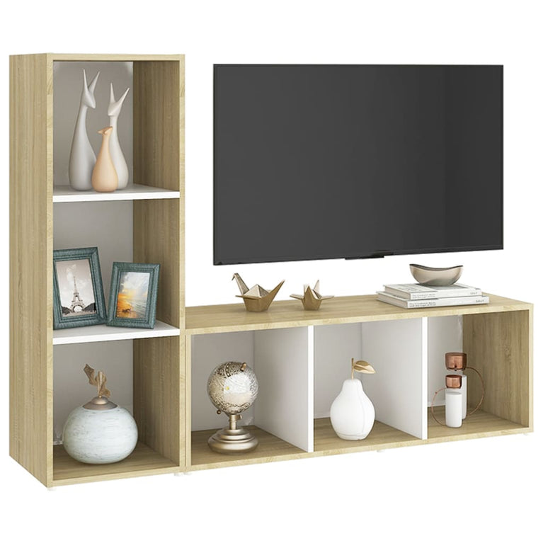 Tv-meubelen 2 st 107x35x37 cm spaanplaat wit sonoma eikenkleur