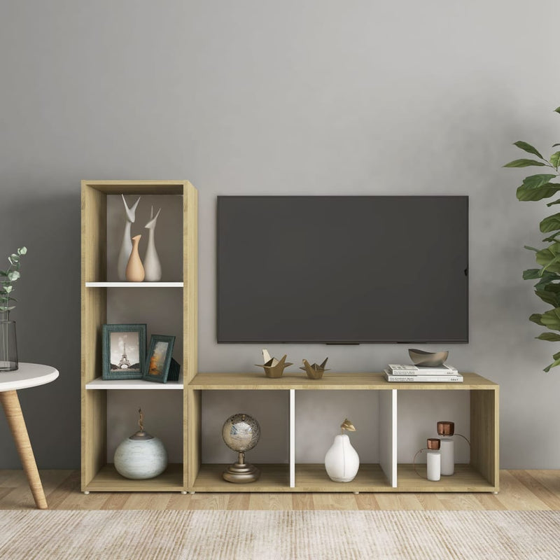 Tv-meubelen 2 st 107x35x37 cm spaanplaat wit sonoma eikenkleur
