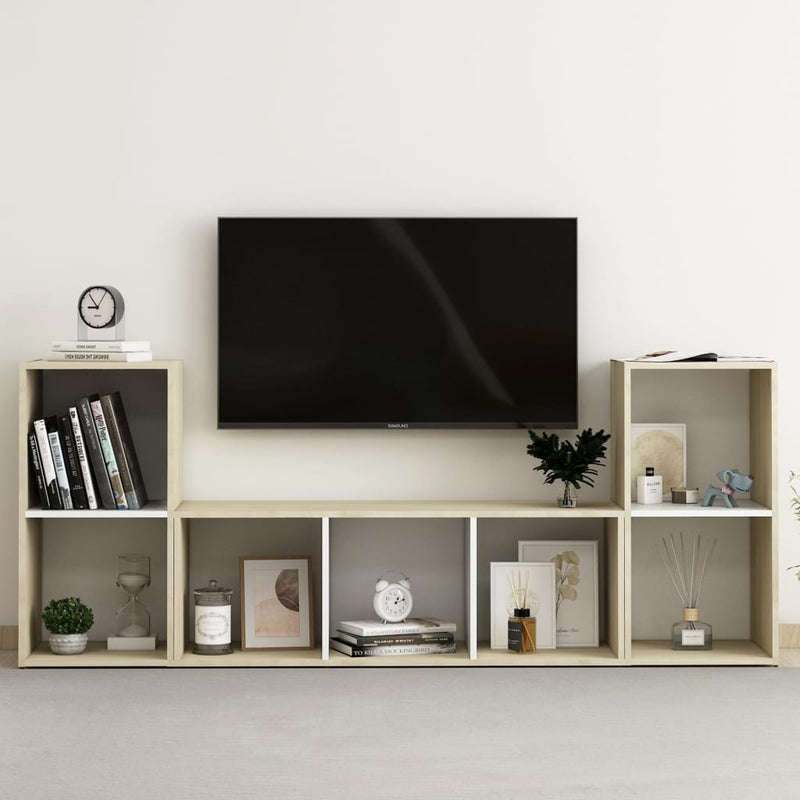 3-delige Tv-meubelset spaanplaat wit en sonoma eikenkleurig