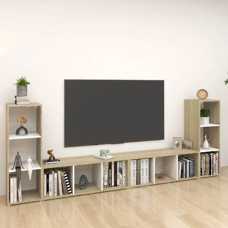 Tv-meubelen 4 st 107x35x37 cm spaanplaat wit sonoma eikenkleur