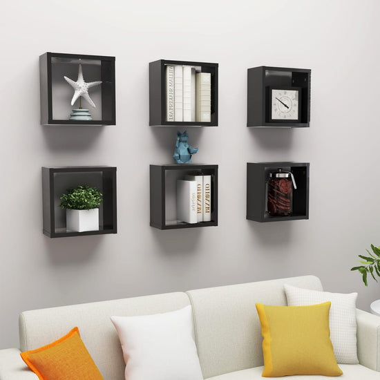 Wandschappen kubus 6 st 30x15x30 cm hoogglans zwart MeubelReus