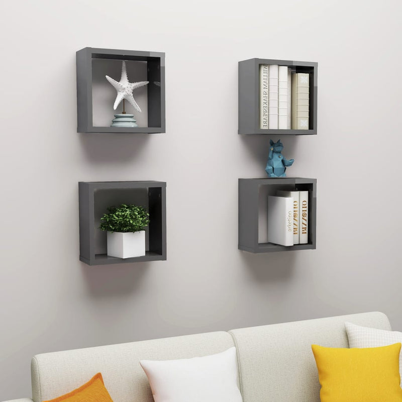 Wandschappen kubus 4 st 30x15x30 cm hoogglans grijs MeubelReus