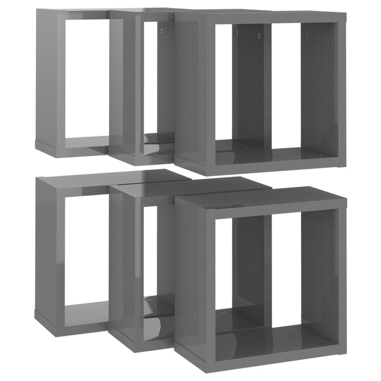 Wandschappen kubus 6 st 30x15x30 cm hoogglans grijs MeubelReus