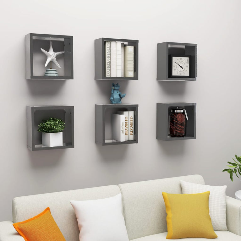 Wandschappen kubus 6 st 30x15x30 cm hoogglans grijs MeubelReus
