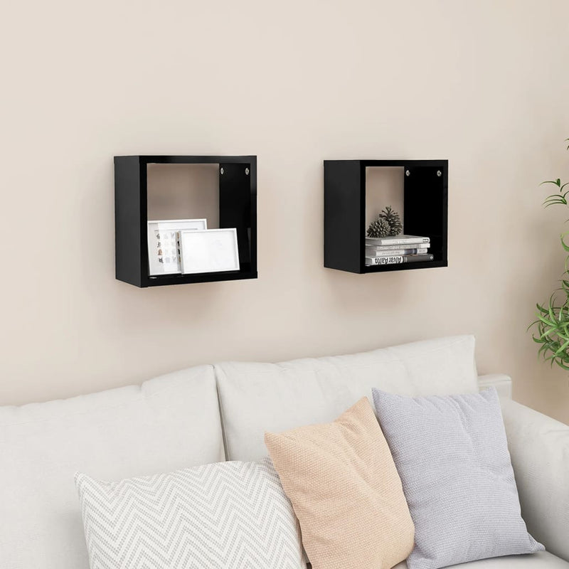 Wandschappen kubus 2 st 26x15x26 cm hoogglans zwart MeubelReus