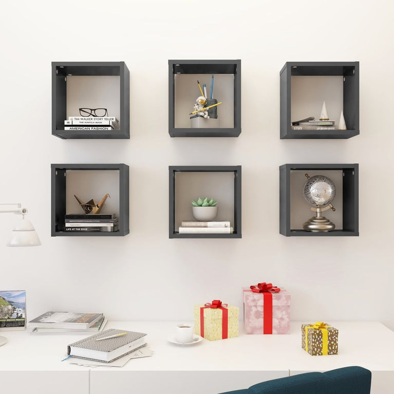 Wandschappen kubus 6 st 26x15x26 cm hoogglans grijs MeubelReus