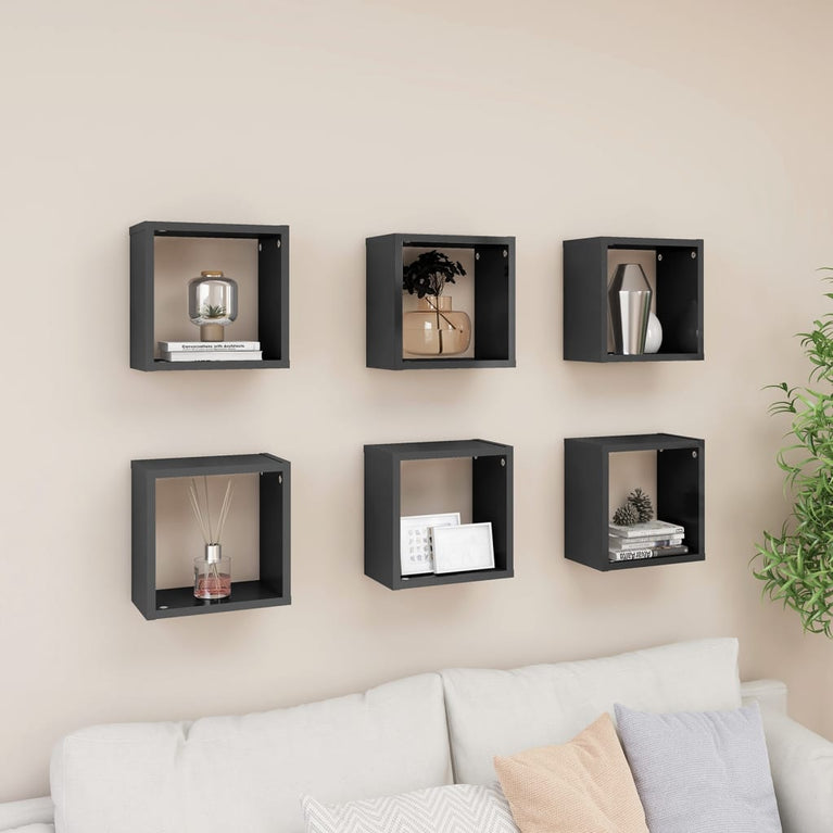 Wandschappen kubus 6 st 26x15x26 cm hoogglans grijs MeubelReus