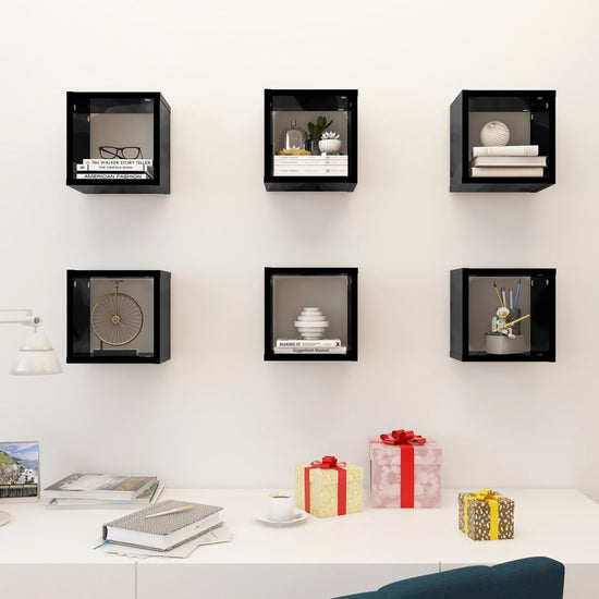 Wandschappen kubus 6 st 22x15x22 cm hoogglans zwart MeubelReus