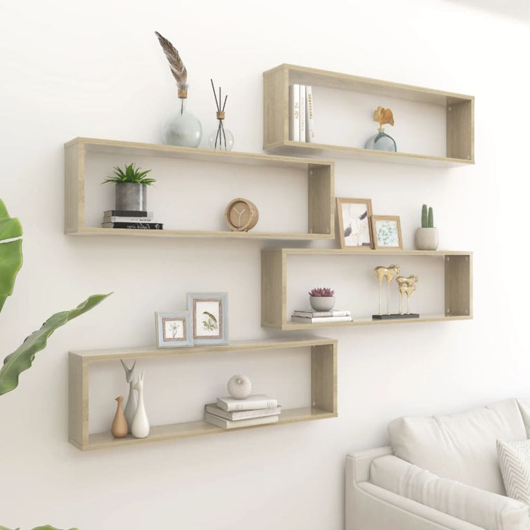 Wandschappen kubus 4 st 100x15x30 cm spaanplaat sonoma eiken