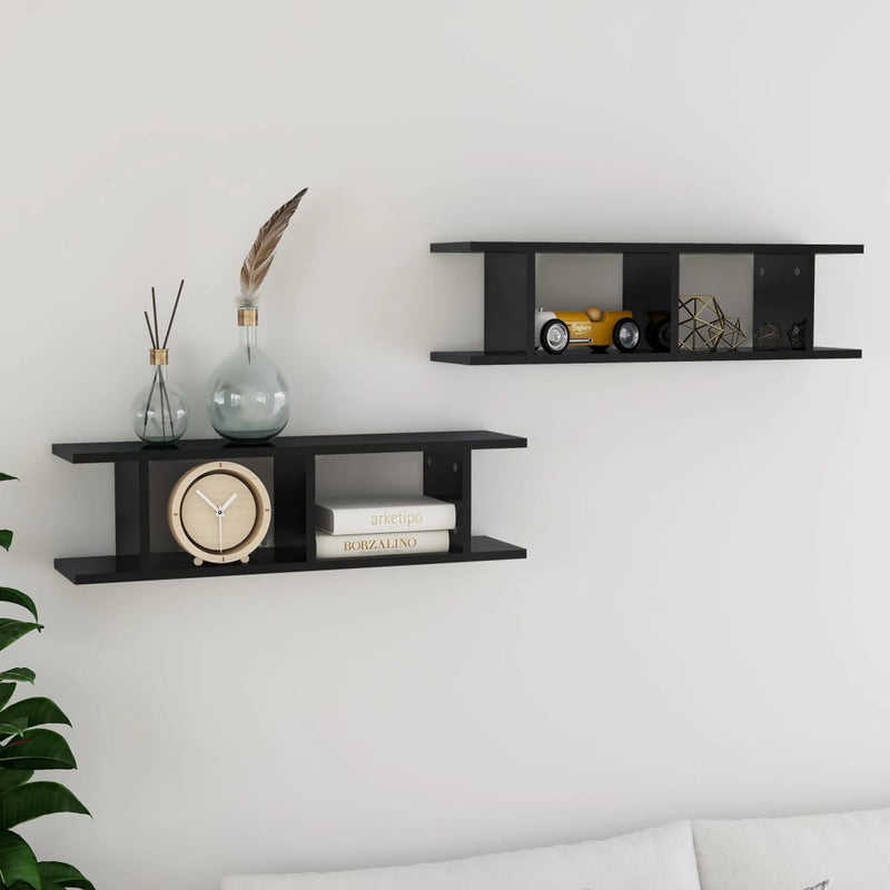 Wandschappen 2 st 75x18x20 cm bewerkt hout hoogglans zwart MeubelReus