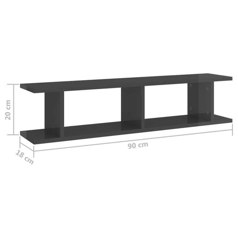 Wandschappen 2 st 90x18x20 cm spaanplaat hoogglans grijs MeubelReus