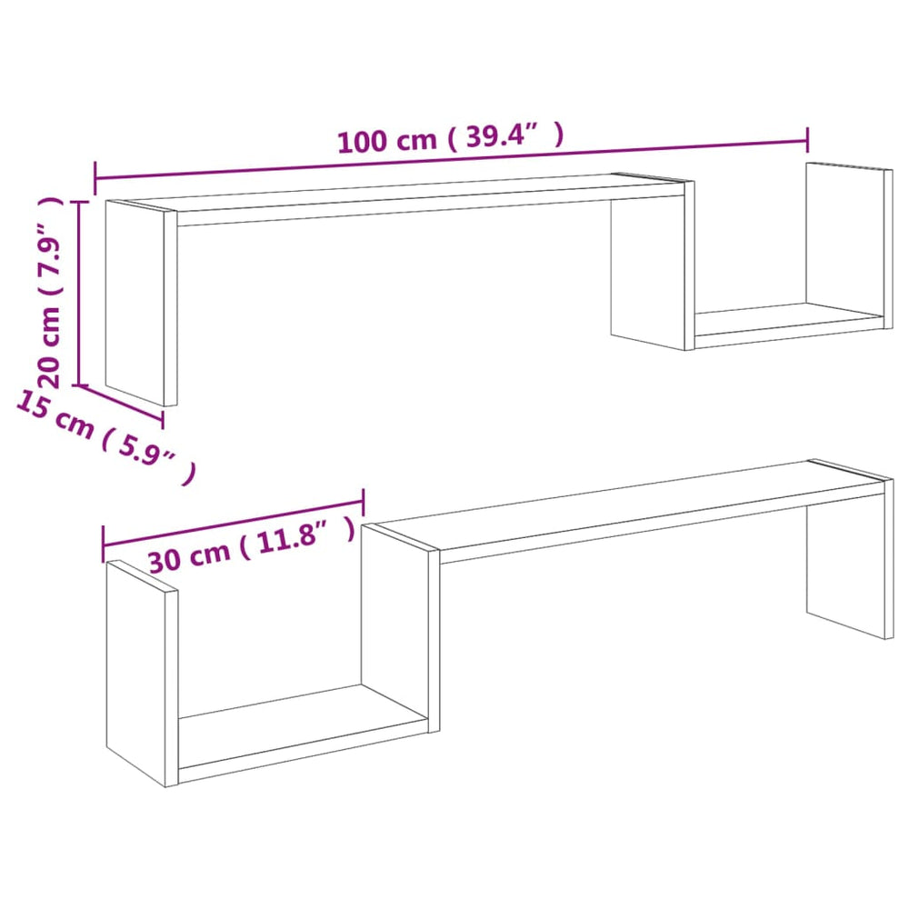 Wandschappen 2 st 100x15x20 cm spaanplaat betongrijs MeubelReus