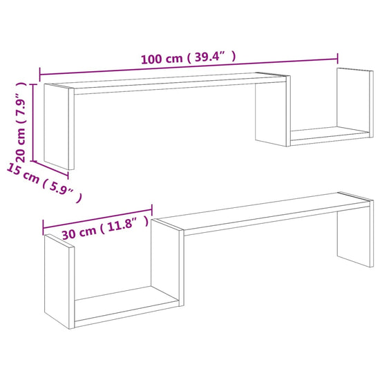 Wandschappen 2 st 100x15x20 cm spaanplaat betongrijs MeubelReus