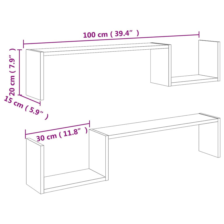 Wandschappen 2 st 100x15x20 cm spaanplaat betongrijs MeubelReus