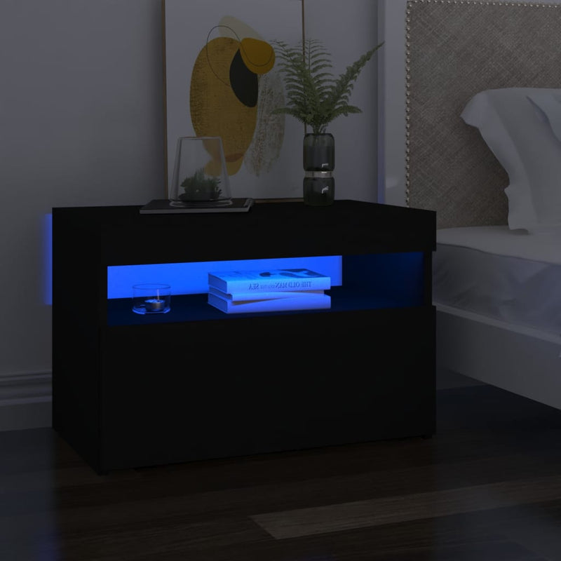 Nachtkastje 2 st LED-verlichting 60x35x40 cm bewerkt hout zwart MeubelReus