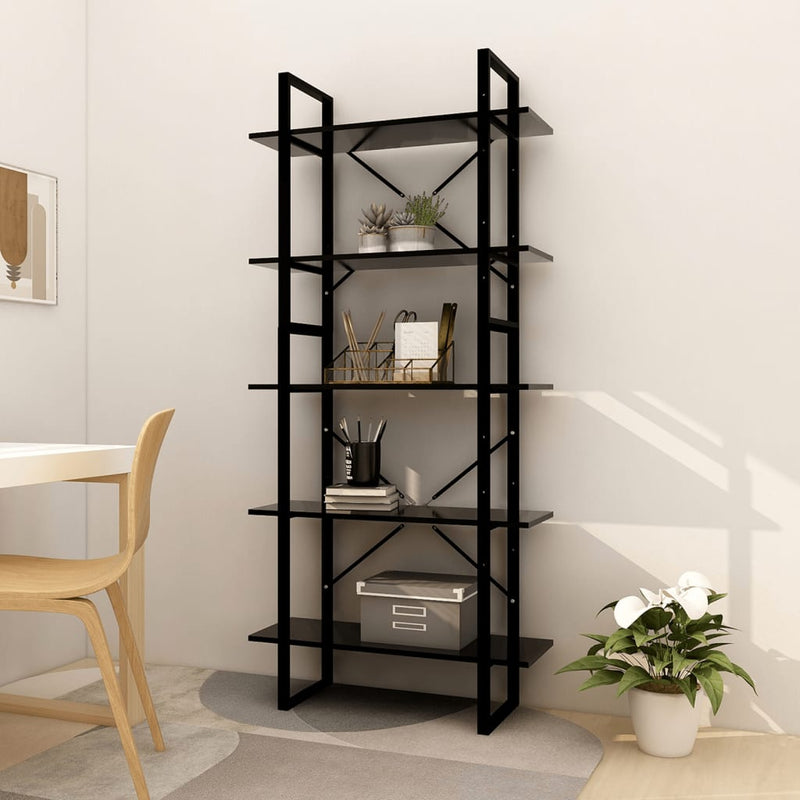 Boekenkast met 5 schappen 80x30x175 cm bewerkt hout zwart MeubelReus