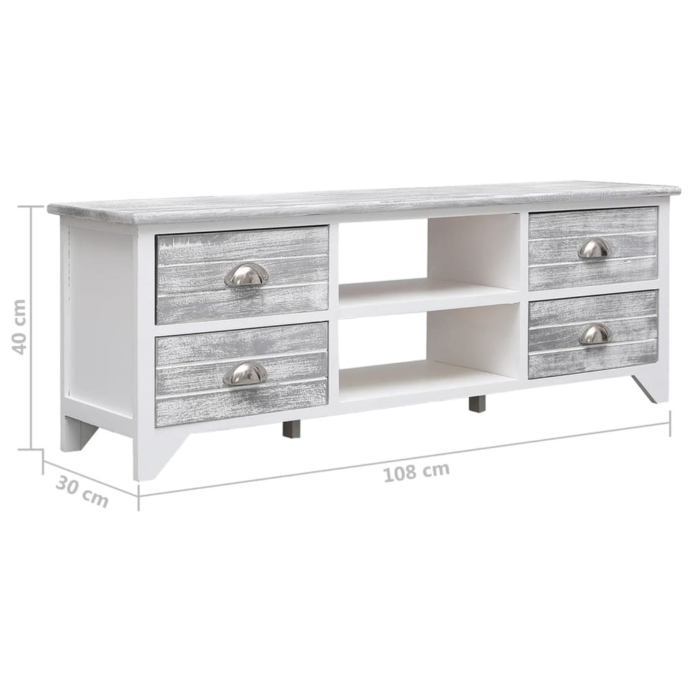 Tv-meubel 108x30x40 cm massief paulowniahout wit en grijs MeubelReus