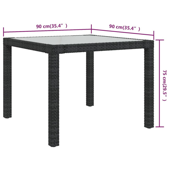 Tuintafel 90x90x75 cm gehard glas en poly rattan zwart MeubelReus