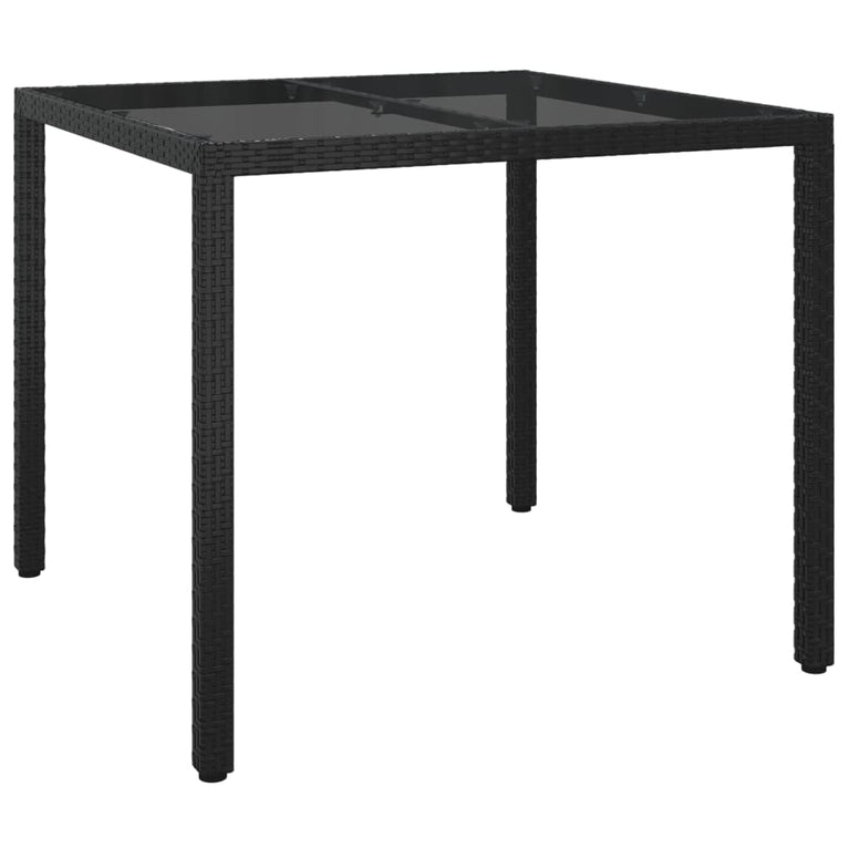 Tuintafel 90x90x75 cm gehard glas en poly rattan zwart MeubelReus