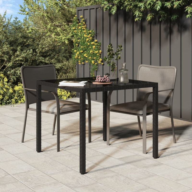 Tuintafel 90x90x75 cm gehard glas en poly rattan zwart MeubelReus