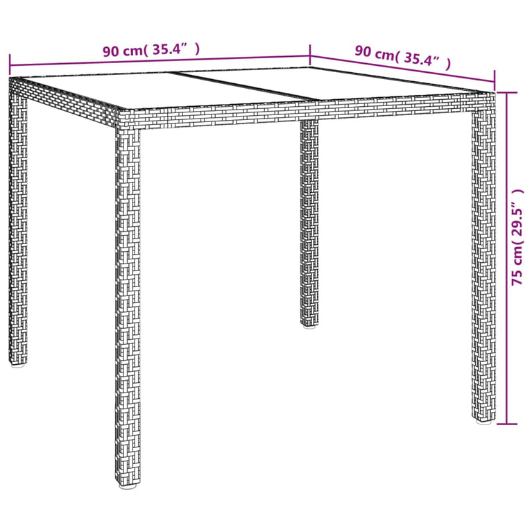 Tuintafel 90x90x75 cm gehard glas en poly rattan grijs MeubelReus